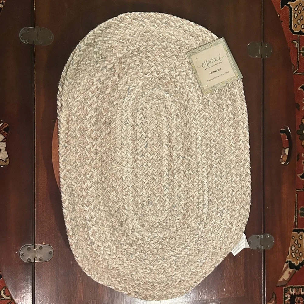 Beach Tan White Blue Braided Oval Jute Rug Natural Beige + Blue New Size 17 x 24